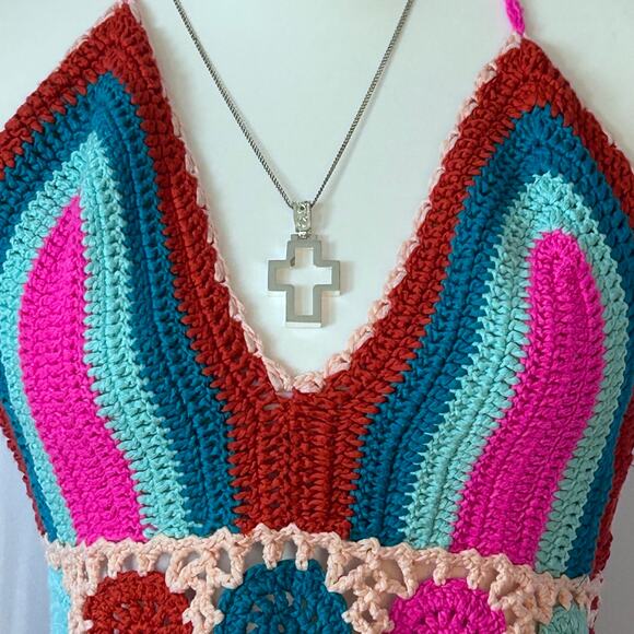 Handmade Tops - Handmade Crochet Halter Top Fringe Boho Festival Rainbow Knit Crop Top